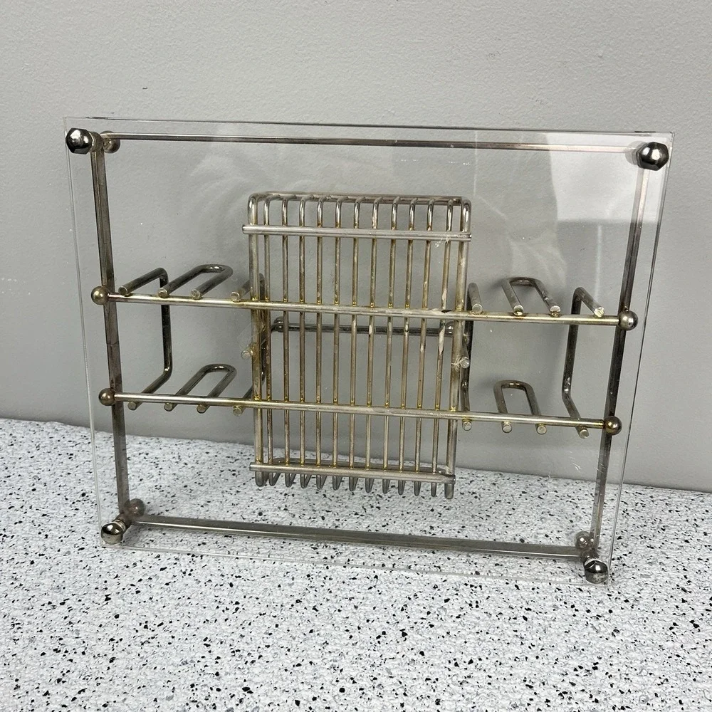 Vintage Acrylic & Chrome Tray Letter Holder Desk Organizer Vanity‎ Tray